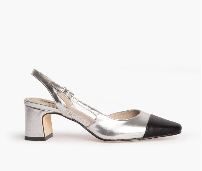 Corina Shoes Silver and black leather slingback with block heel