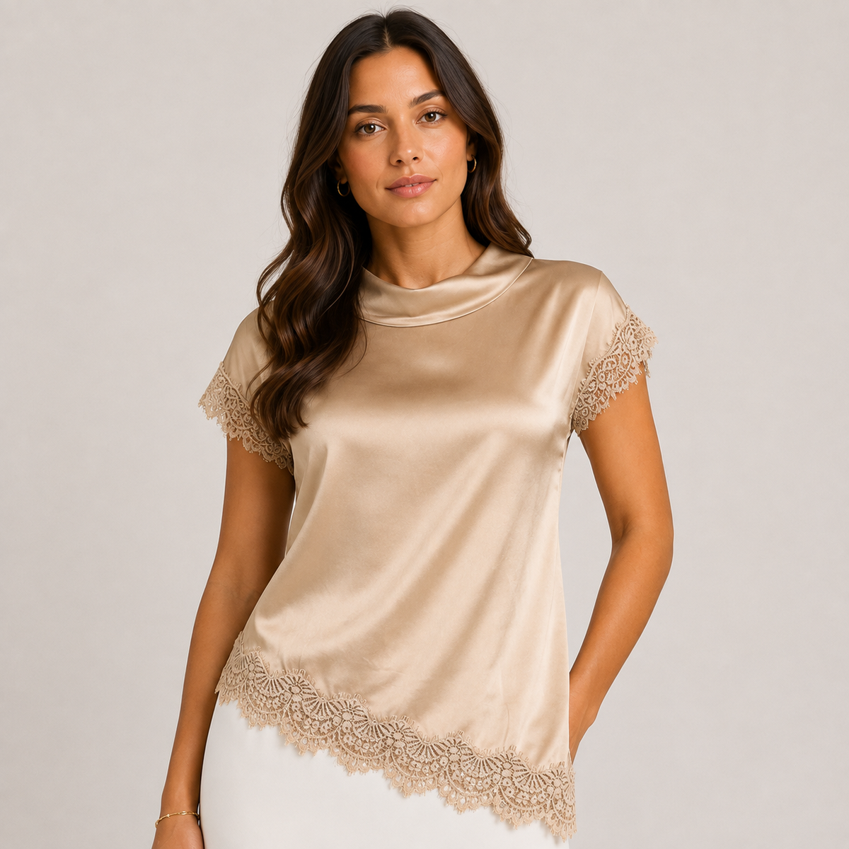 Asymmetrical Satin Shirt with Lace Detail