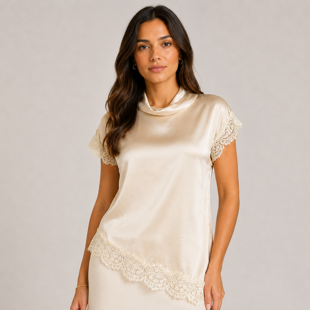 Asymmetrical Satin Shirt with Lace Detail