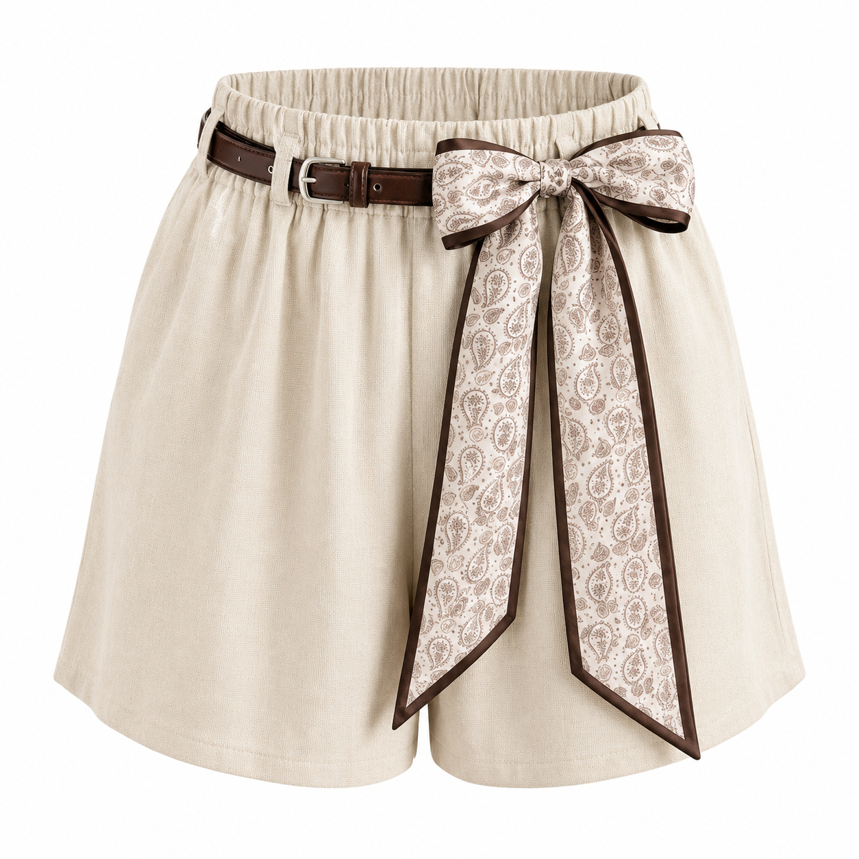 Beige short with elastic waistband and brown belt