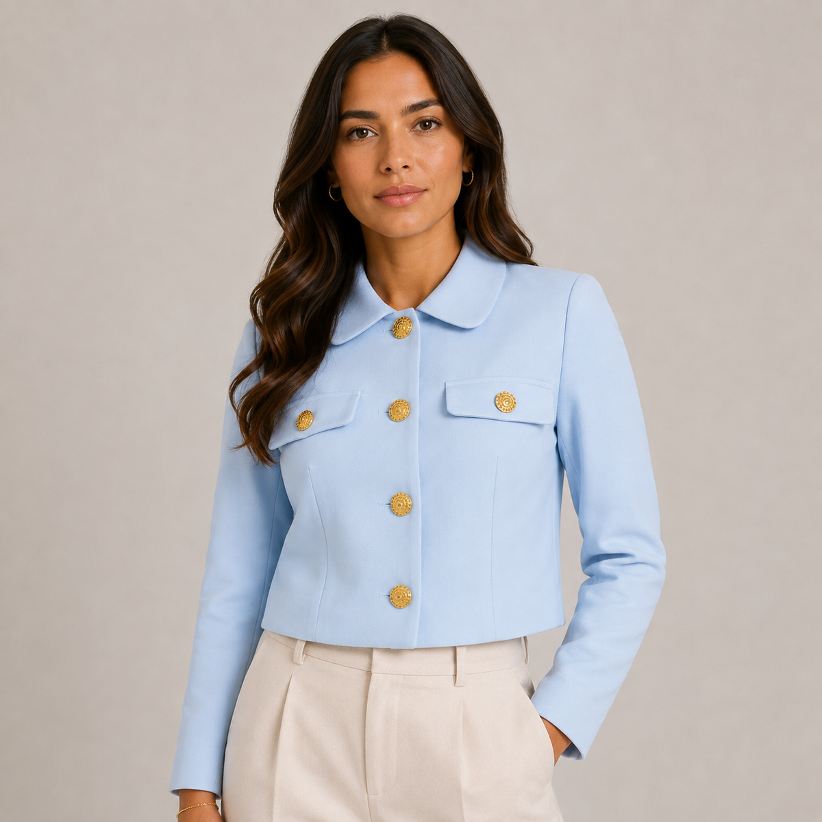 Cropped Straight-Cut Blazer with Gold Buttons