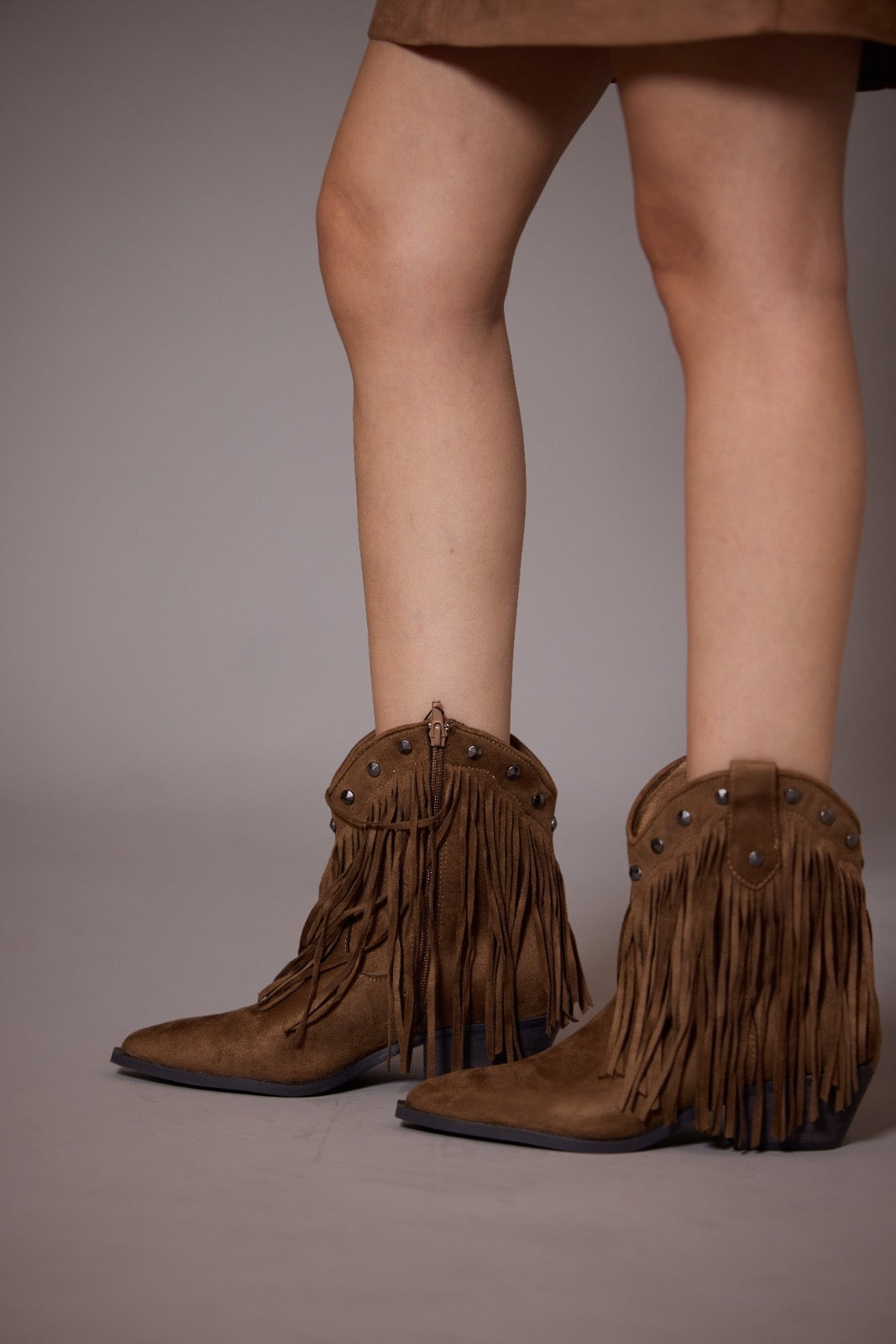 Corina Shoes Camel suede western boots with fringes
