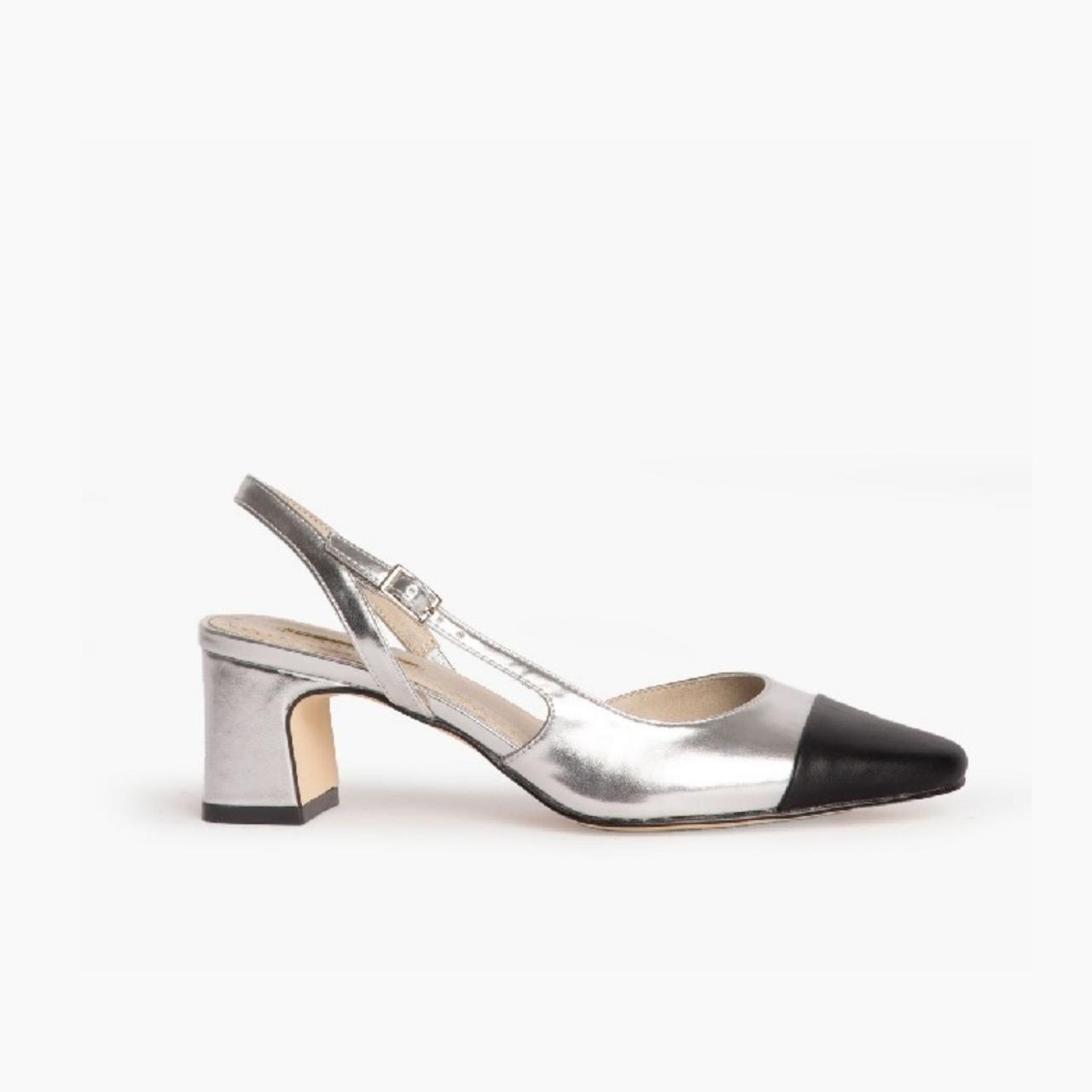 Corina Shoes Silver and black leather slingback with block heel