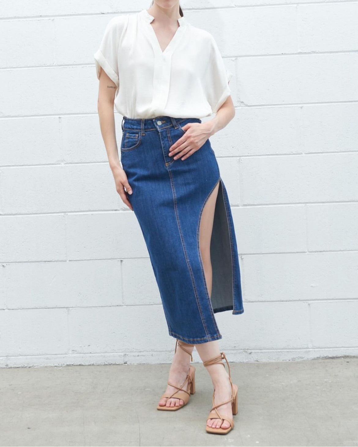 Denim long skirt CHERRY BLEU