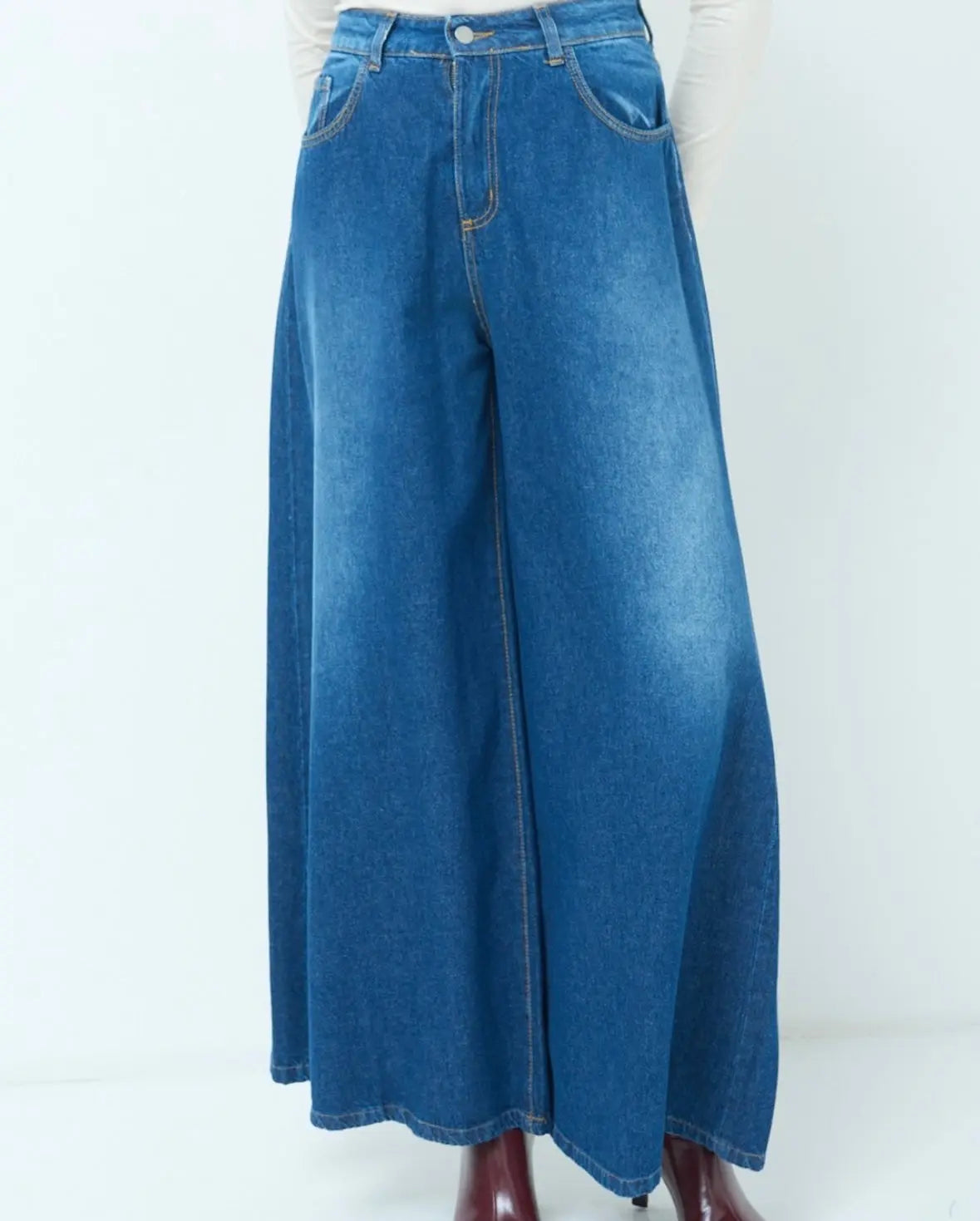 Extra wide legshigh waist palazzo jeans CHERRY BLEU