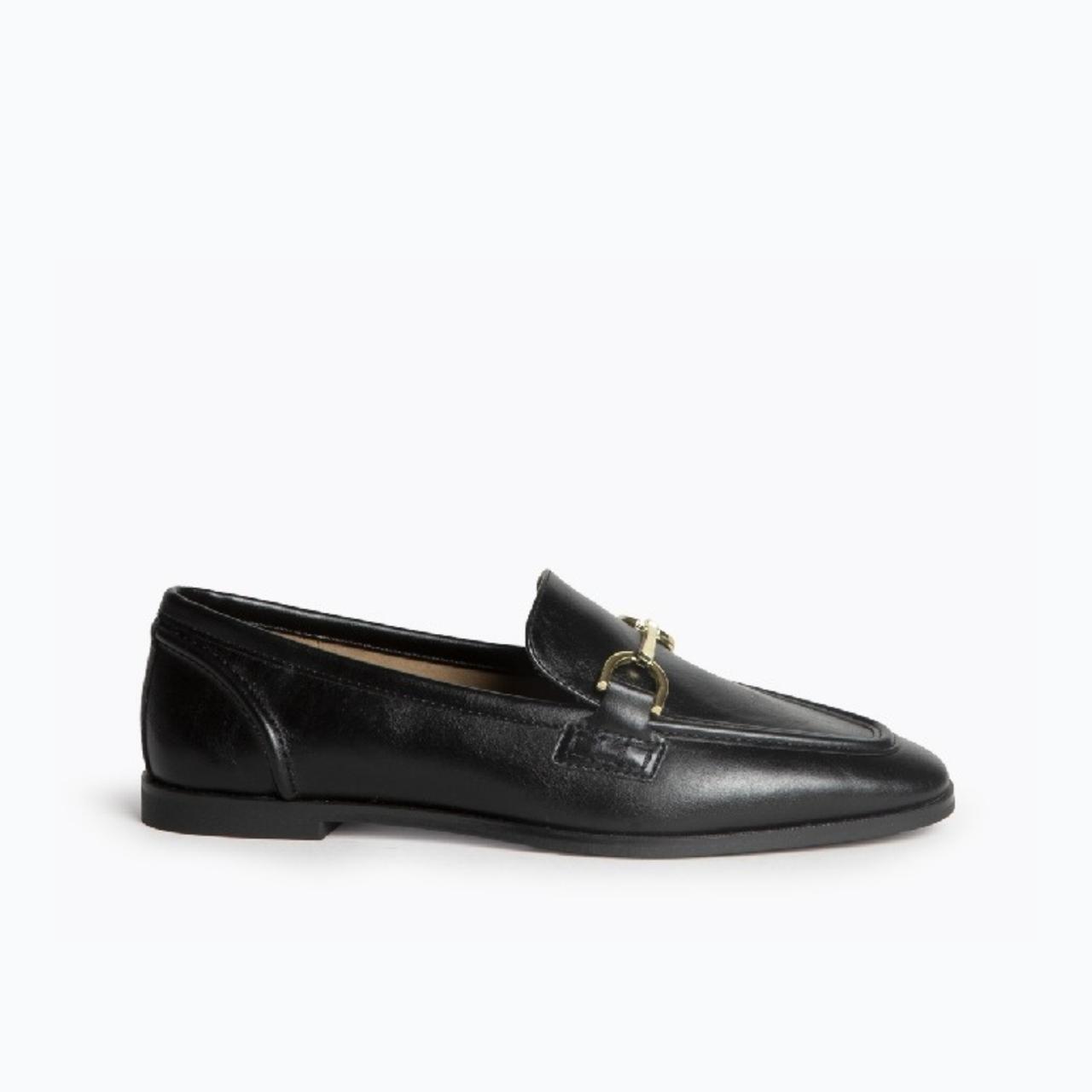 Corina Shoes Black Leather Loafer With Gold Buckle