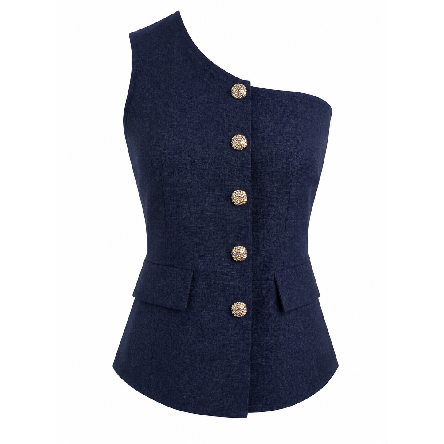 One shoulder linen top with gold buttons