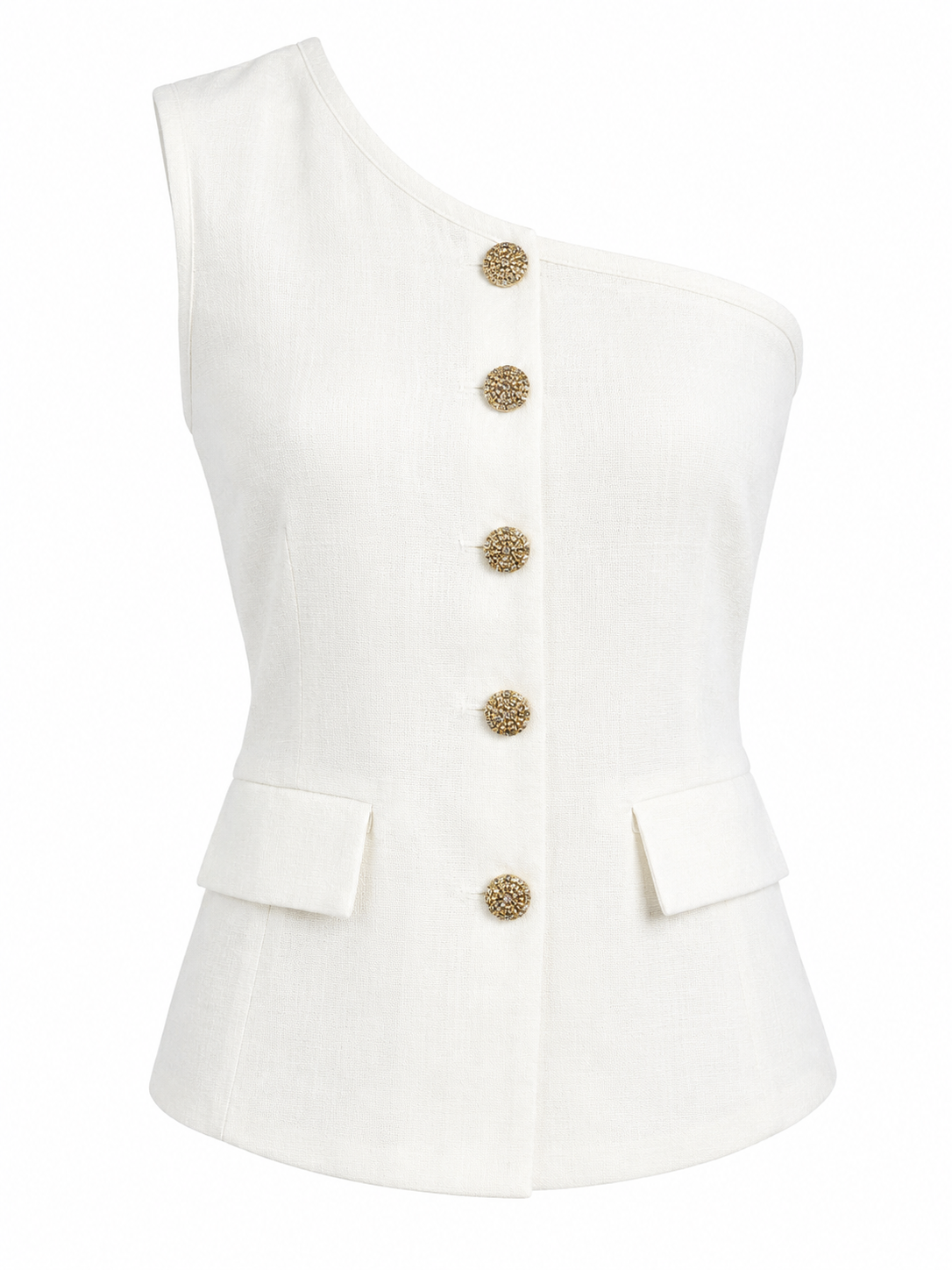 One shoulder linen top with gold buttons