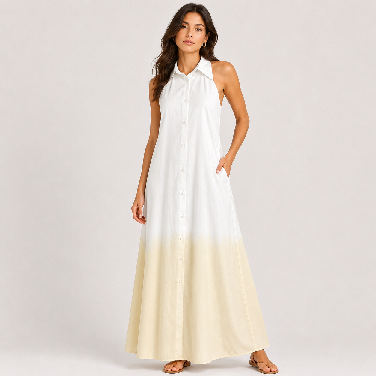 White & Beige Poplin Dress