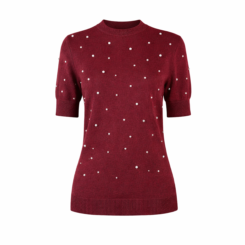 Short sleeves knit with rhinestones bordeaux CHERRY BLUE