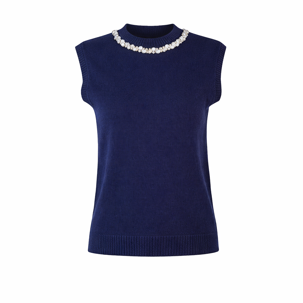 Sleeveless knit with rhinestones collar Bleu CHERRY BLUE