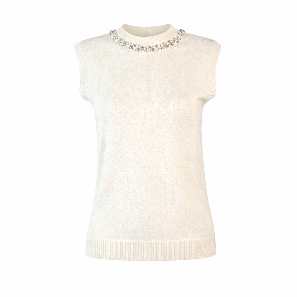 Sleeveless knit with rhinestones collar white