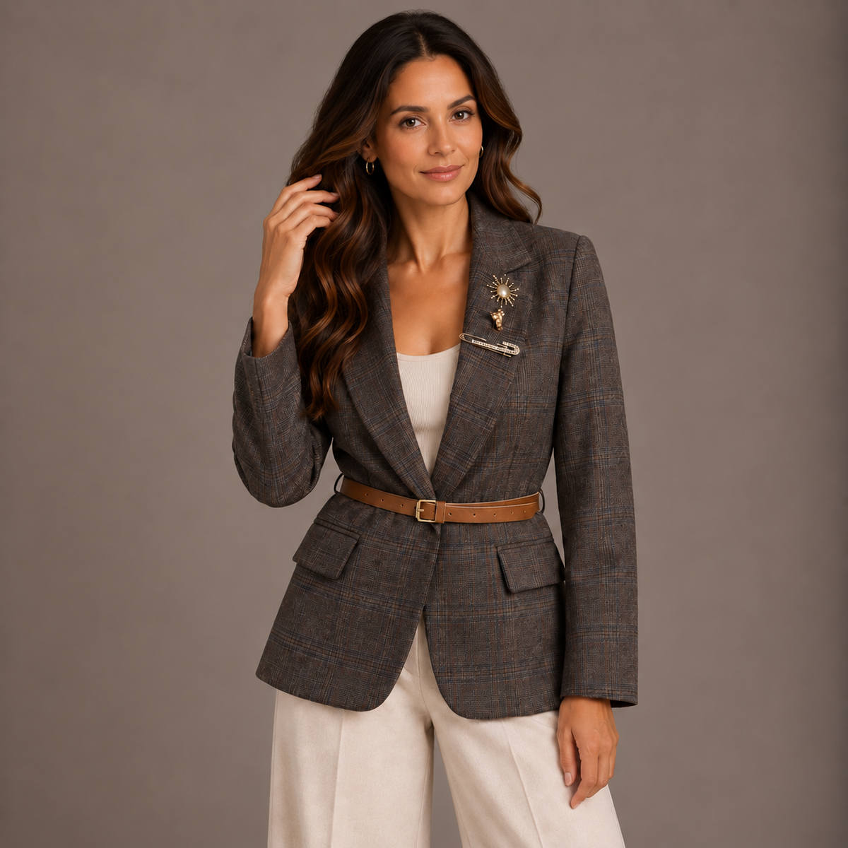 Brown Check Blazer with Belt