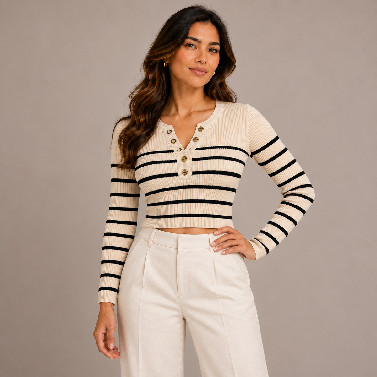 Beige Striped Cropped Knit Top – product photo 1