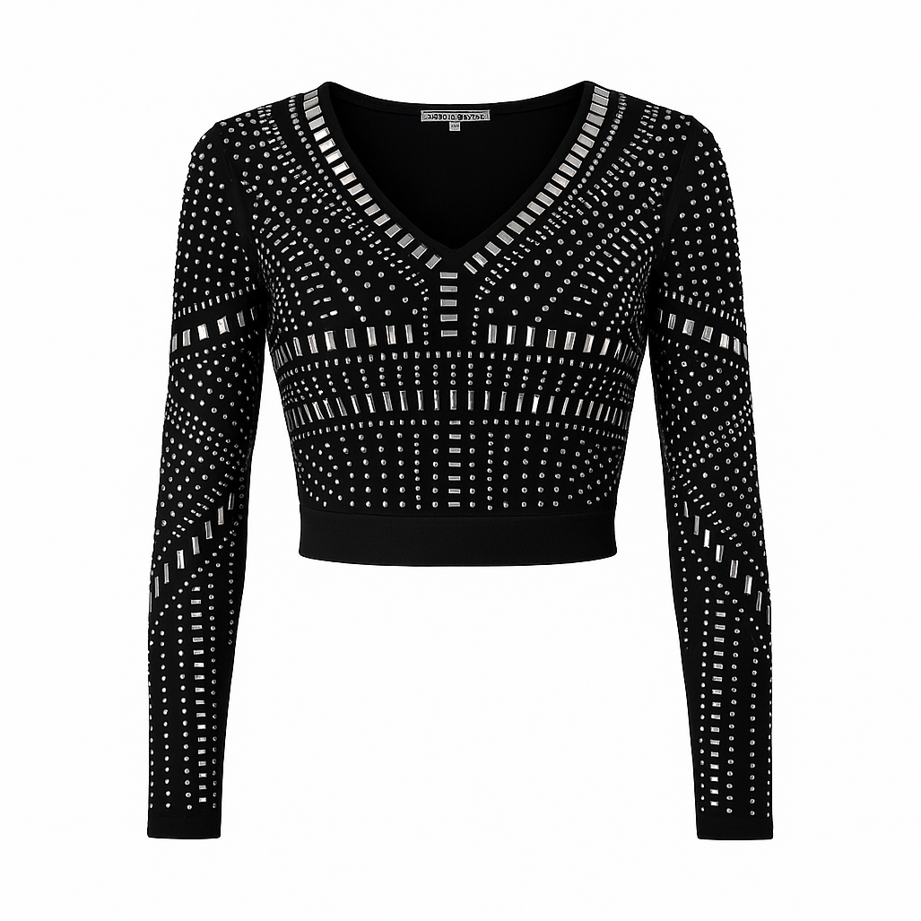 Black vneck top with rhinestones