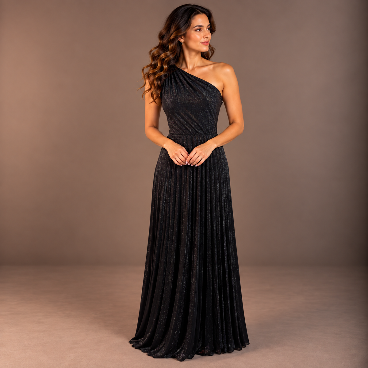 Black Metallic One-Shoulder Maxi Dress