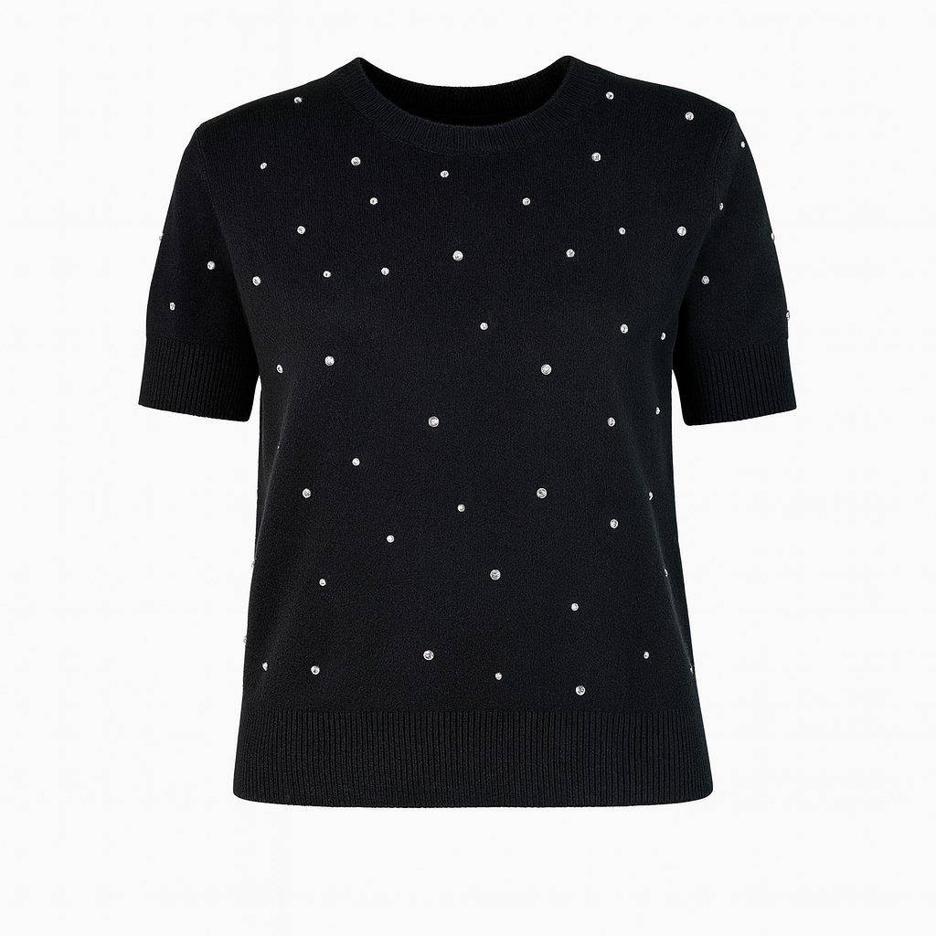 Short sleeves black knit with rhinestones