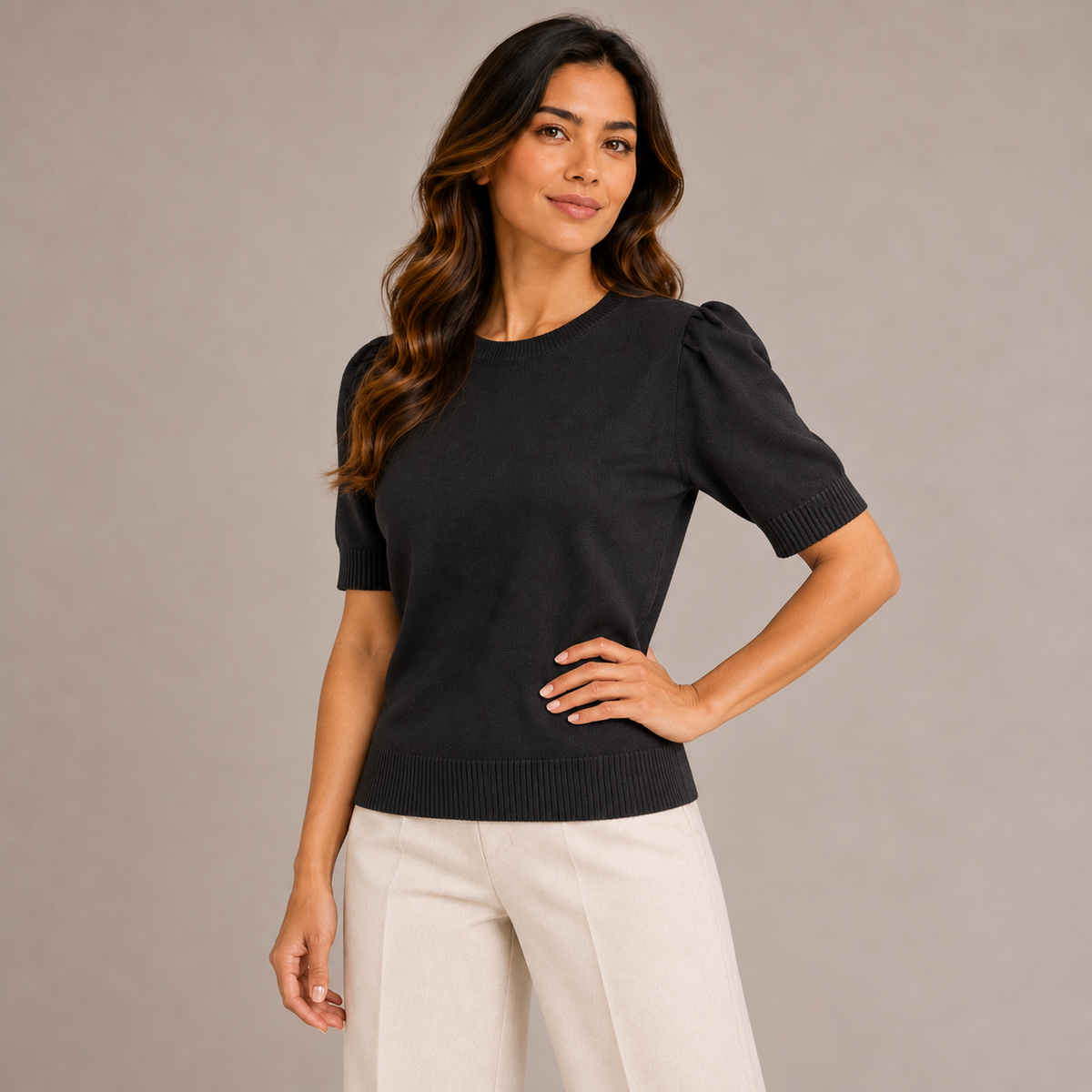 Black Short-Sleeve Knit Top – product photo 1