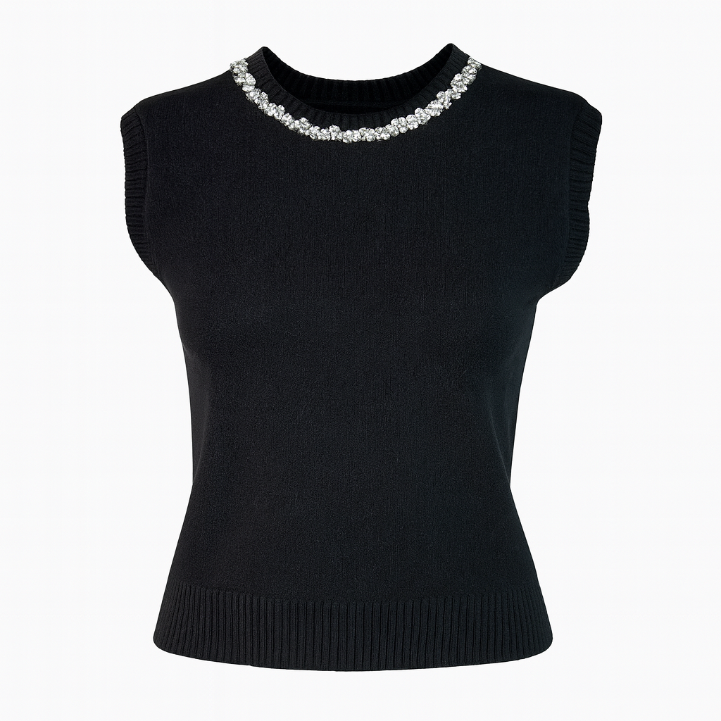 Sleeveless knit with rhinestones collar Black CHERRY BLUE