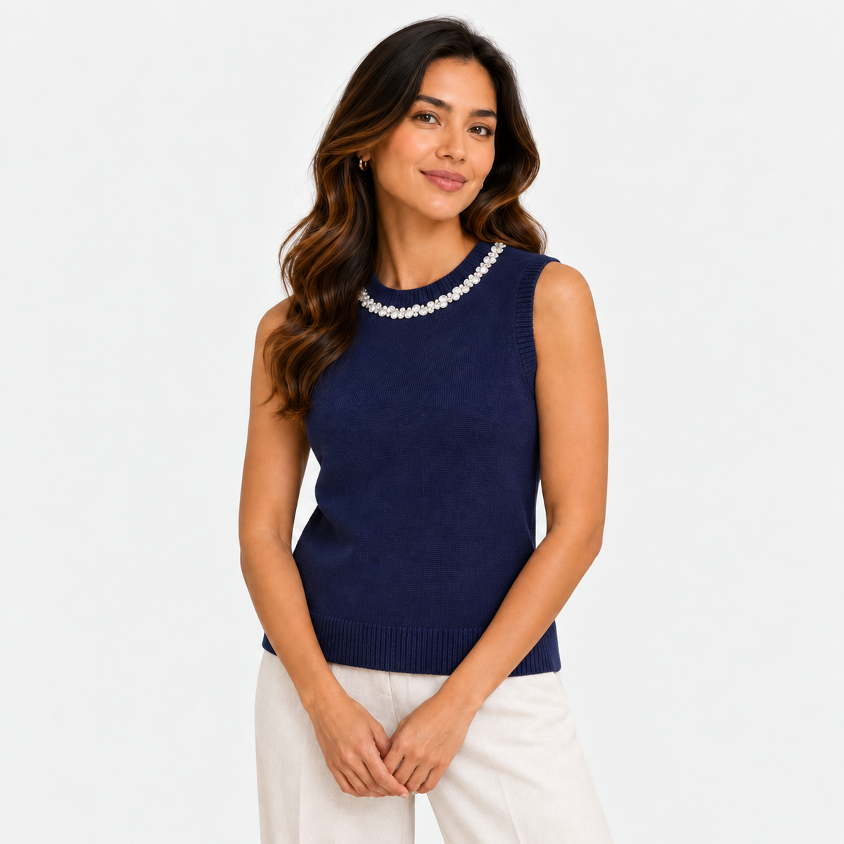 Sleeveless Knit with Rhinestones Collar Blue