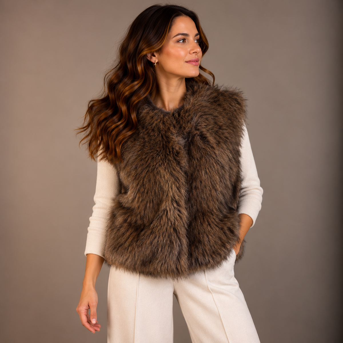 Brown Eco-Fur Waistcoat for Women