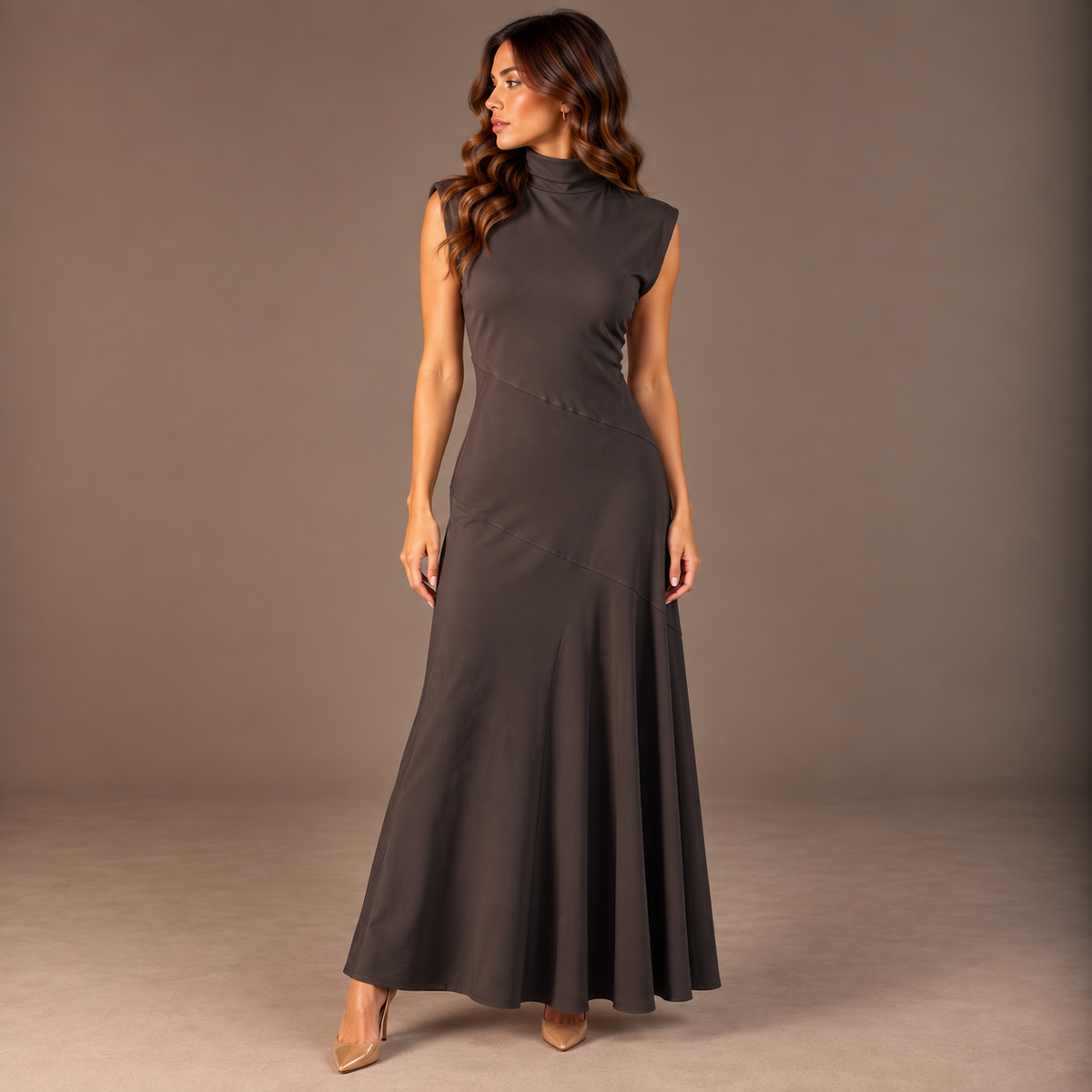 High-Neck Winter Maxi Dress – Black & Brown