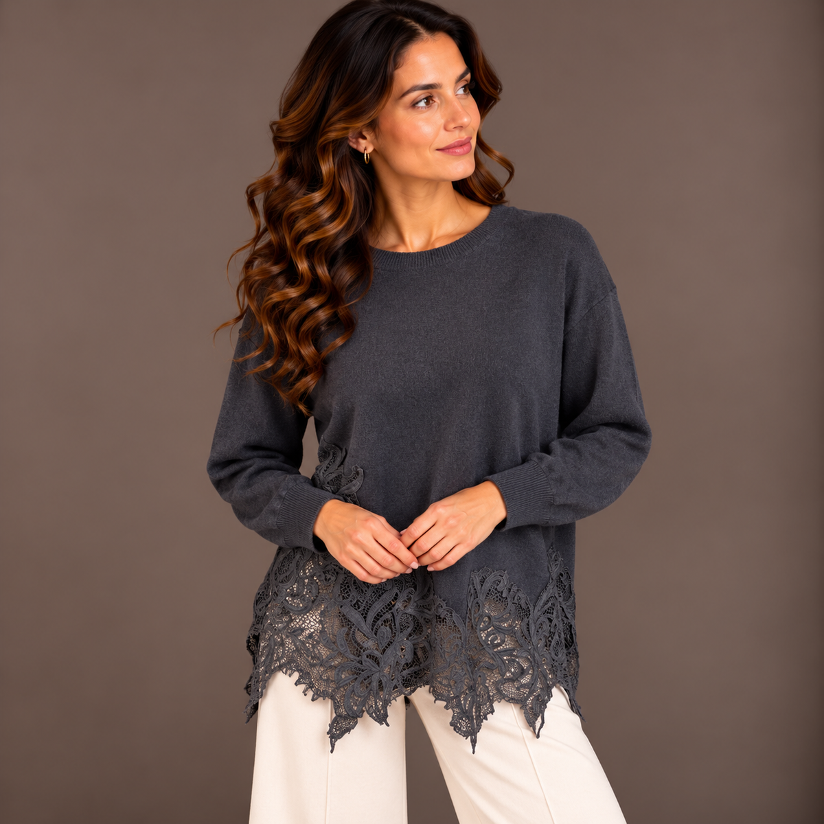 Oversized Lace-Detail Knit – Beige, Grey & Black – alternate view 2