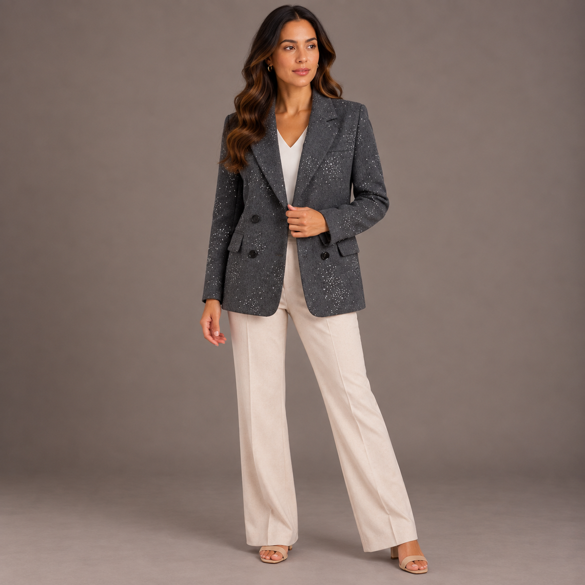 Rhinestone Blazer – Beige & Grey