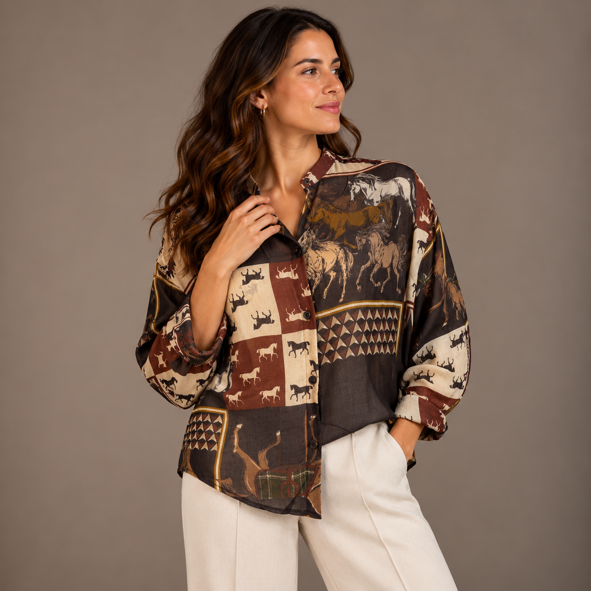 Viscose-Wool Printed Shirt – Brown & Bordeaux