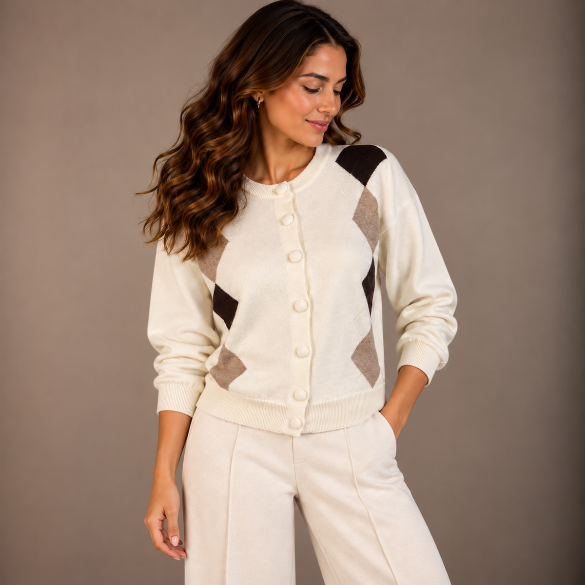 White & Brown Open-Knit Top