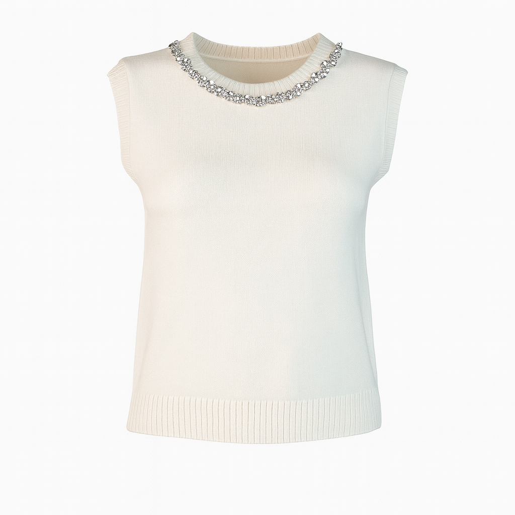 Sleeveless knit with rhinestones collar