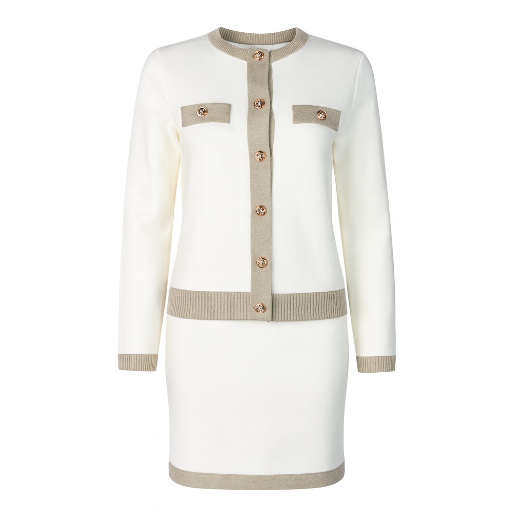Set: open knit cardigan with buttons + short knit skirt