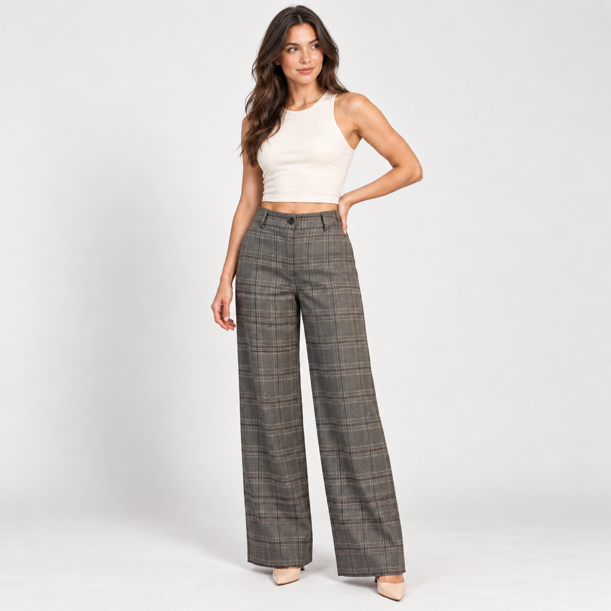 Women's brown check trousers – Atelierose Lebanon