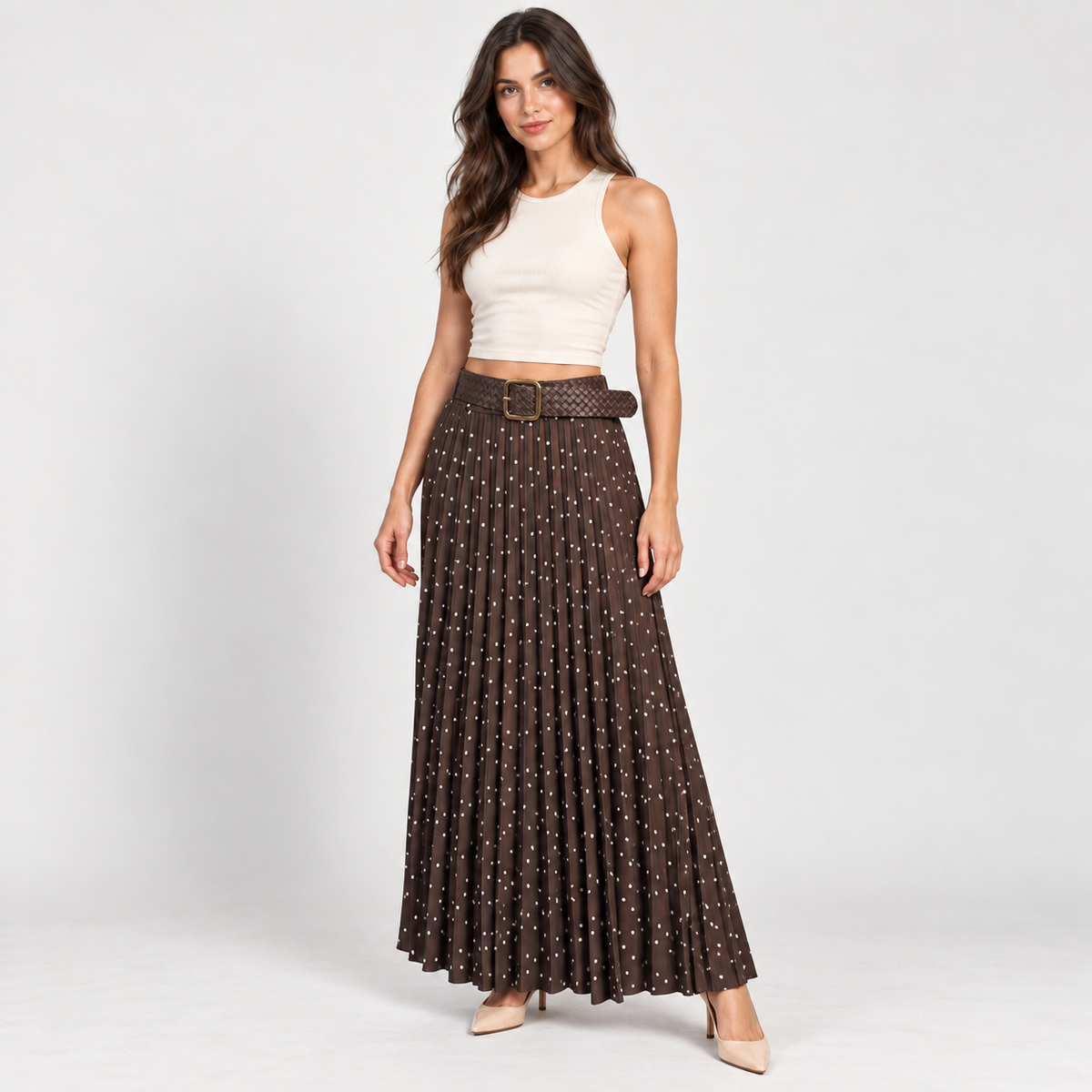 Women's brown pleated polka-dot skirt – Atelierose Lebanon