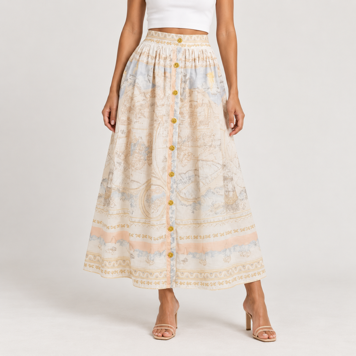 Beige Linen Skirt with Gold Buttons 