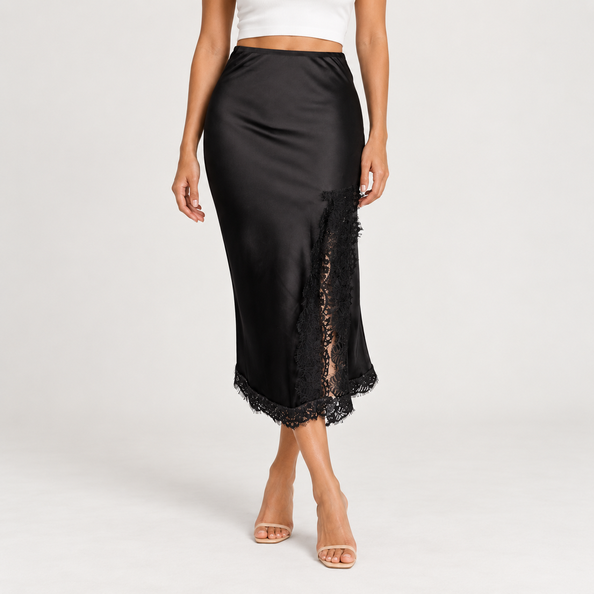Black Satin Skirt with Dentelle Detail 