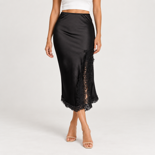 Black Satin Skirt with Dentelle Detail 