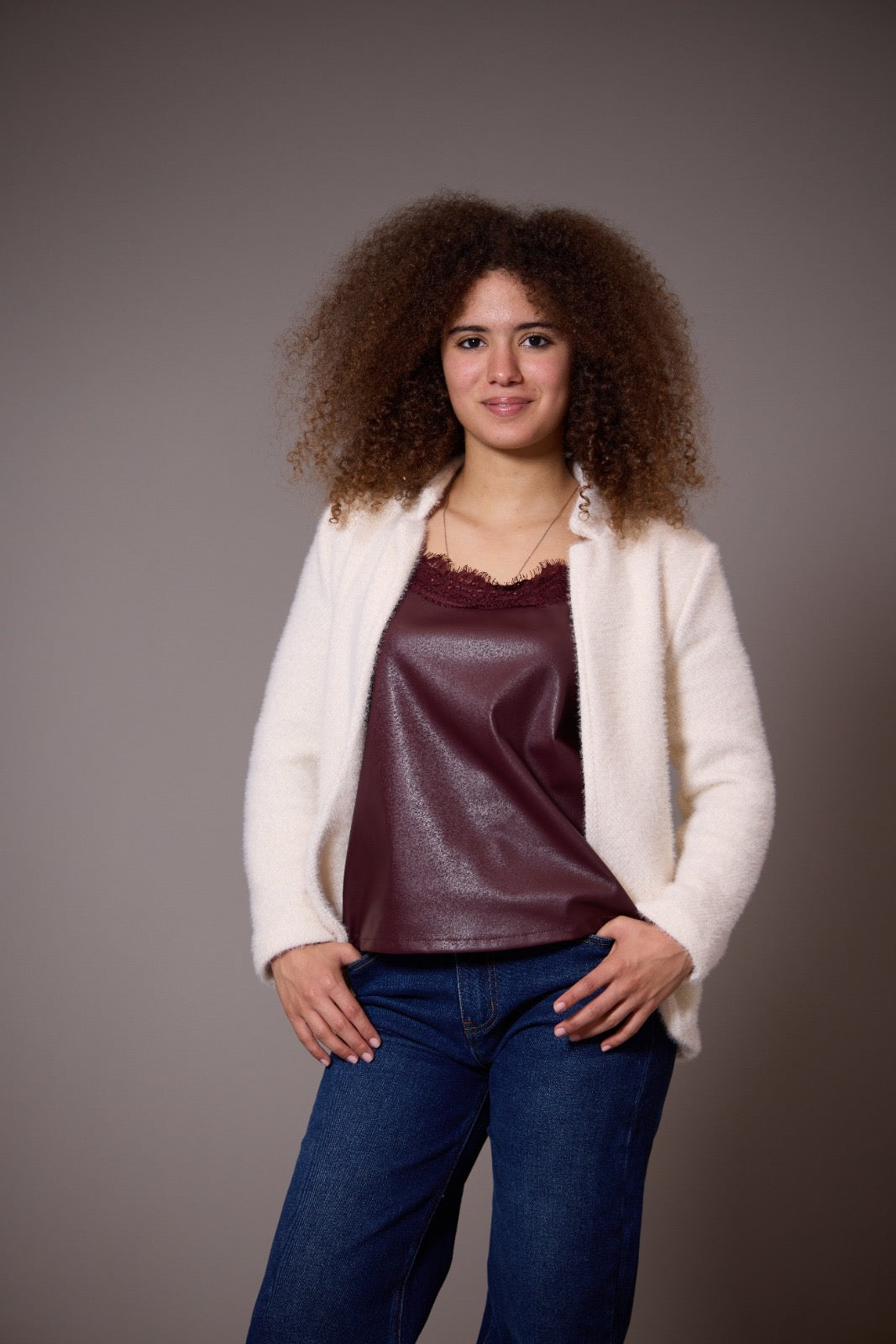 Eco leather top with dentelle Bordeaux