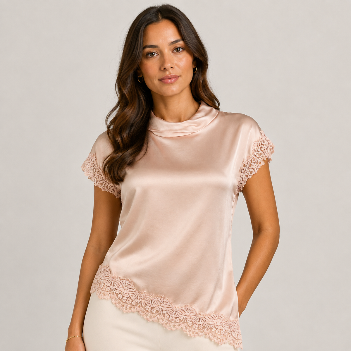 Asymmetrical Satin Shirt with Lace Detail