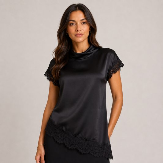 Asymmetrical Satin Shirt with Lace Detail