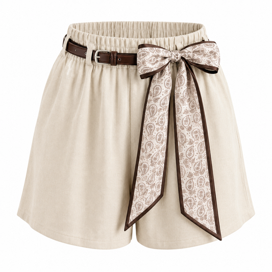 Beige short with elastic waistband and brown belt 