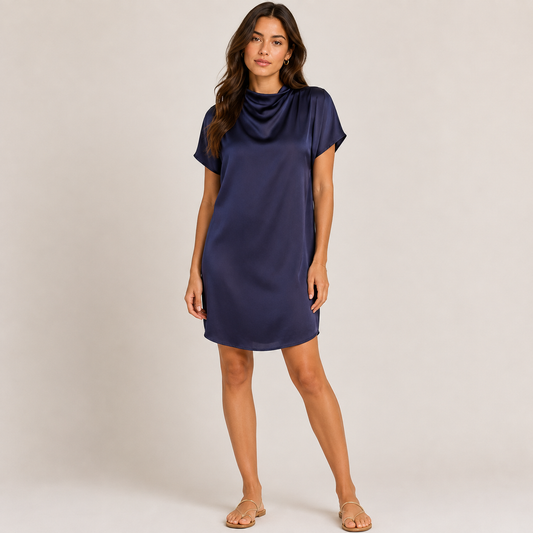 Short sleeves navy blue dress 