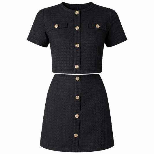 Black top with gold buttons and Short skirt with gold buttons LAMIAR