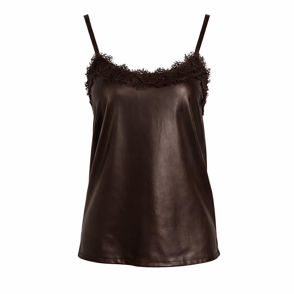 Eco leather top with dentelle Brown