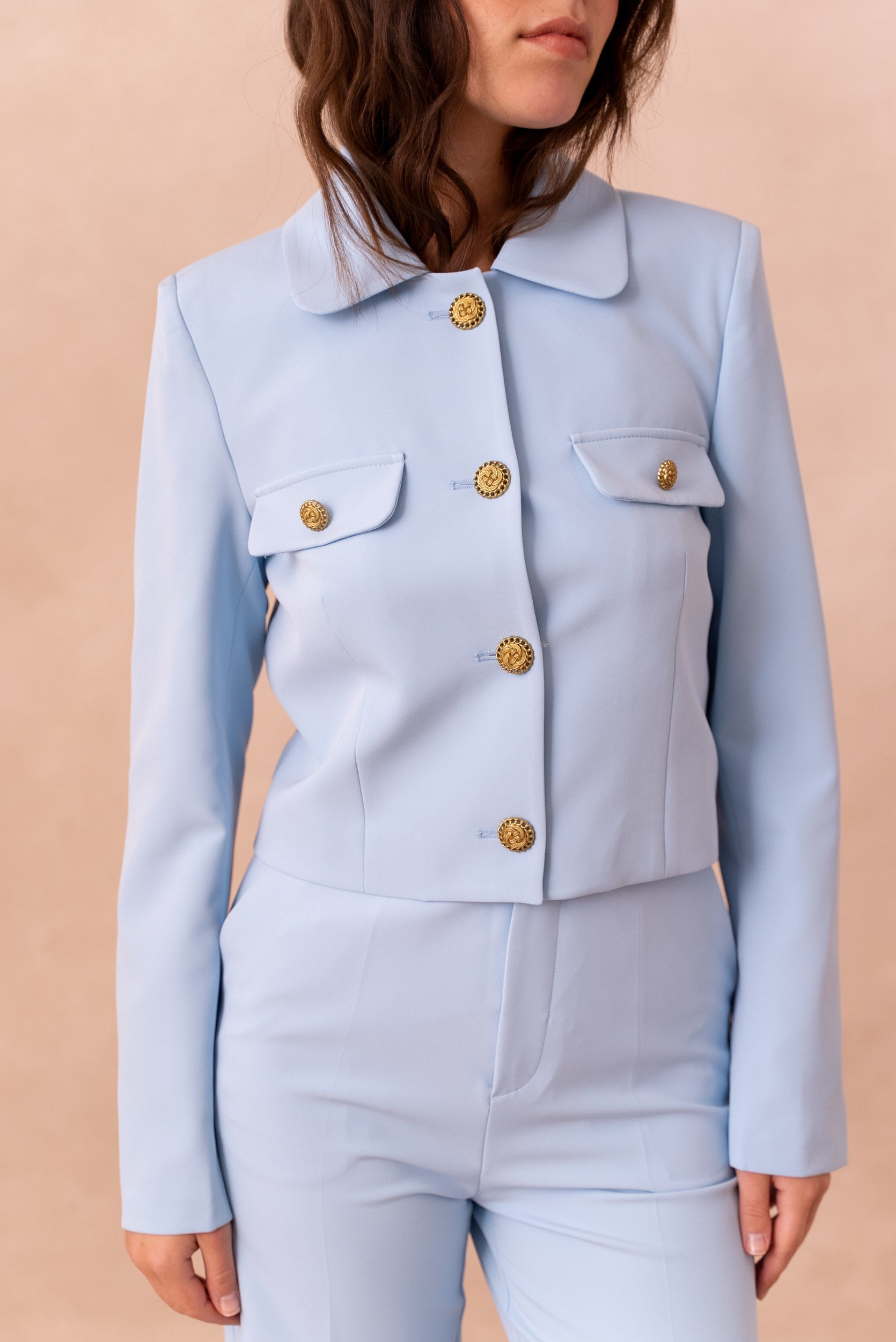 Cropped straight cut blazer with gold buttons ATTENTIF