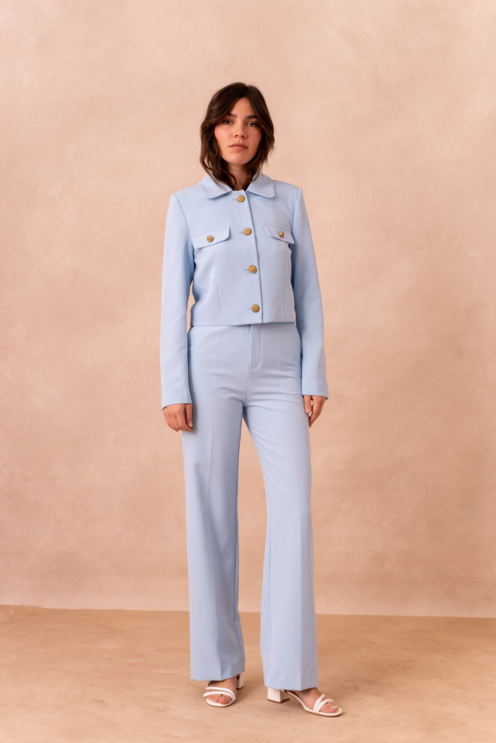 Cropped straight cut blazer with gold buttons ATTENTIF