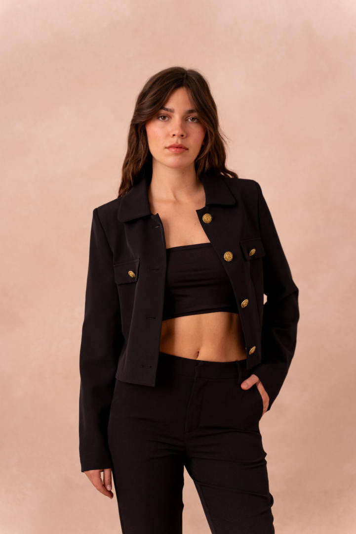 Cropped straight cut blazer with gold buttons ATTENTIF