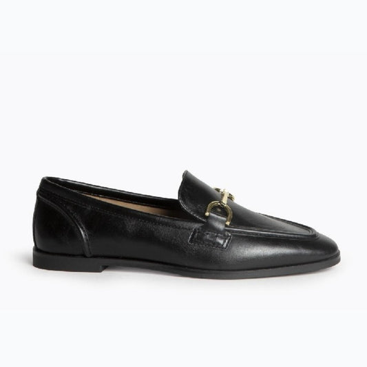 Corina Shoes Black Leather Loafer With Gold Buckle