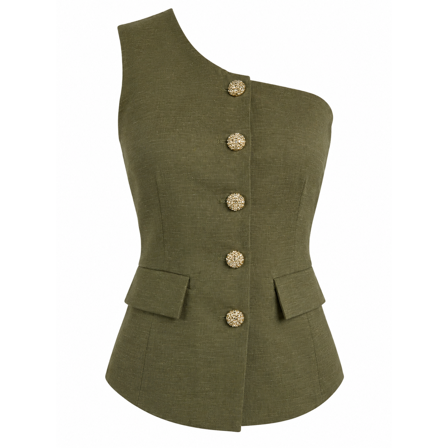 One shoulder linen top with gold buttons 