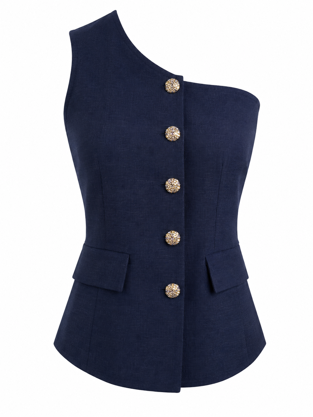 One shoulder linen top with gold buttons 